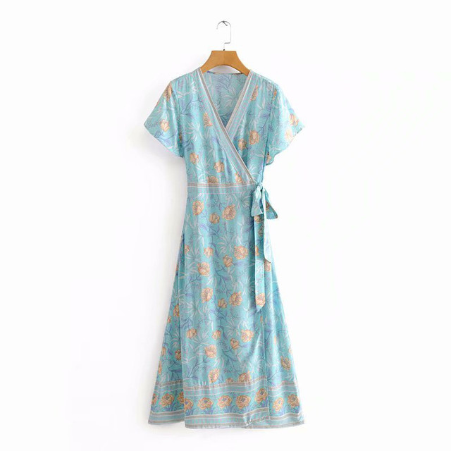 花柄 ロングワンピース ロング丈 ボヘミアン ワンピース 半袖 マキシ丈 カシュクール リゾートワンピース おしゃれ 大人 かわいい 森ガール カジュアル フェミニン ガーリー こなれ感 とろみ 抜け感 ａライン お呼ばれ お出かけ 女子会 海 旅行 リゾート ハイウエスト