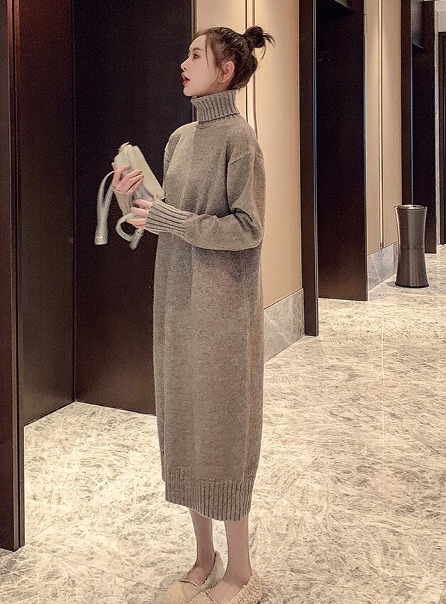 ワンピース マタニティ ミモレ丈 マタニティワンピ 秋冬 ニット タートルネック ゆったり 長袖 厚手 Ab1850 Valentina210