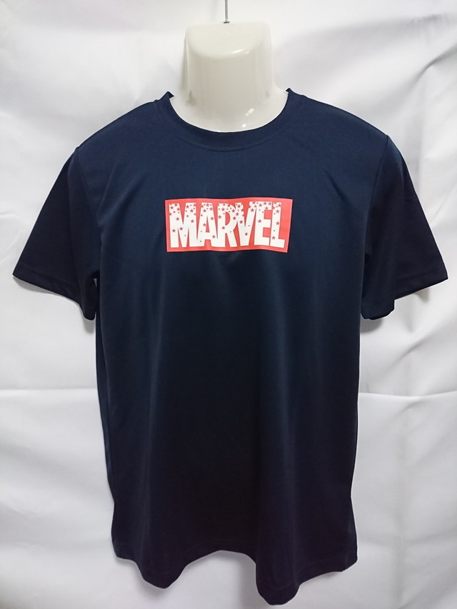 古着 メンズm Grace グレイス Marvel マーベル ボックスロゴ 星柄 ポリエステル Tシャツ 吸汗速乾 運動 アベンジャーズ ネイビー 3495 スポーツウェア シューズの古着屋 リサイクルスポーツ