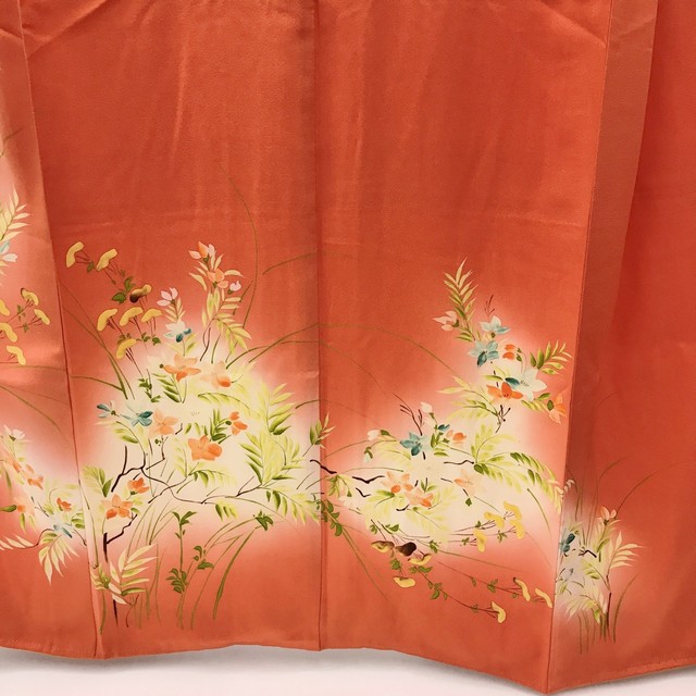 昭和レトロ 朱色 訪問着 袷 秋草花柄 着物457 Donfamily