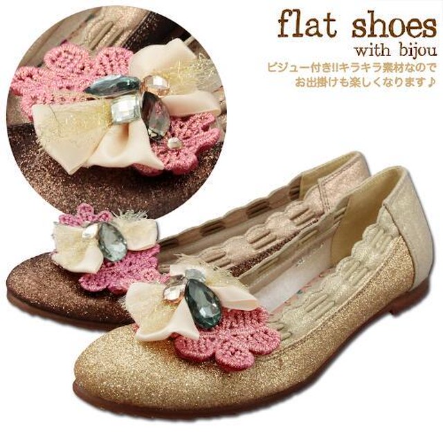 即納 Nice Claup ビジューリボン 2way きらきら クリップ パンプス ぺたんこ フラットシューズ エスニック 靴 レディース ナチュラル 可愛い 大人 カジュアル デイリー お出かけ ゴールド まるの樹 Fashion