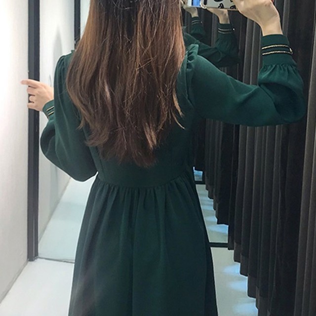 セーラーカラーワンピース セーラー服 学生 プレッピー ハイウエスト モスグリーン フレンチスタイル フロントボタン ガーリー 大人可愛い デート Choco Chaco