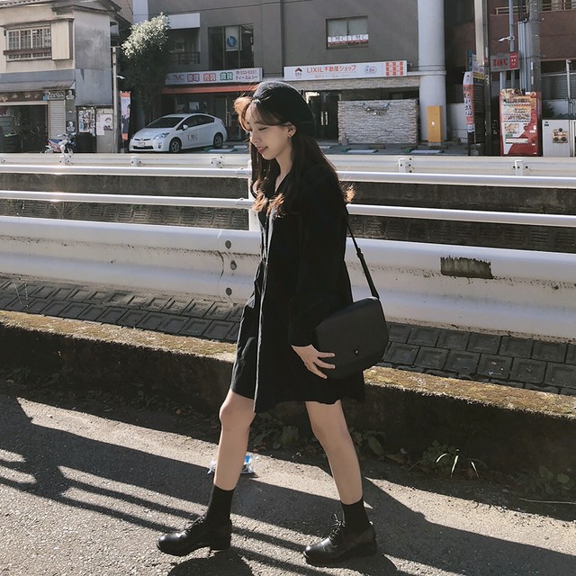 レディース 秋 冬 黒 ブラウン 長袖 カジュアル レトロ ハイウェスト ワンピース シャツワンピース Aラインワンピース Vネック スカート 膝上 シンプル カジュアル おしゃれ 大人可愛い Kirihara