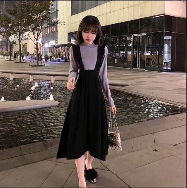 ワンピース オールインワン ジャンパースカート ロング丈 フリルストラップ ハイウエスト 大人可愛い ガーリー シンプル 冬服 春服 新作 韓国 レディース Idear