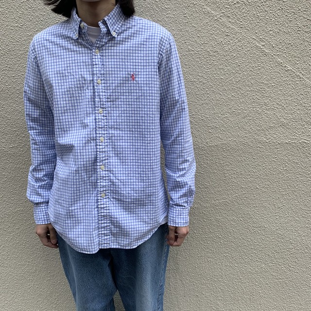 かわいさ Polo Ralph Lauren コットン B D シャツ ギンガムチェック 青 M Slut Albatross Vintage
