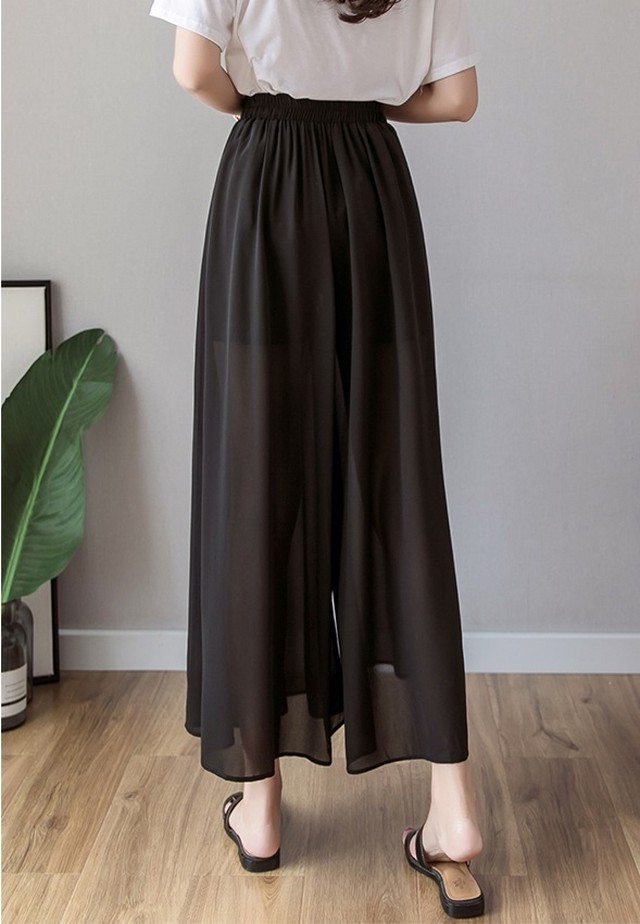 シースルー ウエストゴム 紐付き ワイドパンツ ガウチョパンツ ボトムス パンツ らくちん らくらく ゆったり ゆるコーデ 8分丈 ズボン シンプル モノトーン カジュアル きれいめ 可愛い ゆるカジ 春夏 レディース 女性 妊婦 マタニティ つらら商店