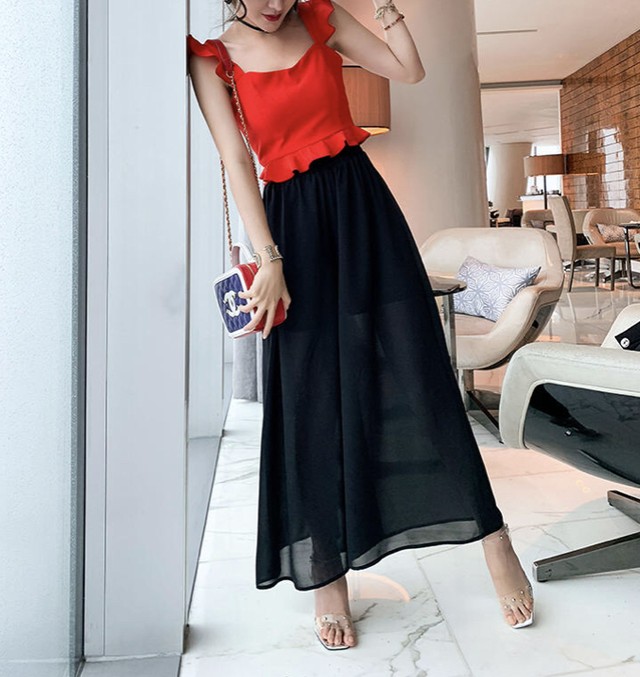 ゆったり シフォン ワイドパンツ フレアパンツ 透け感 ハイウエスト