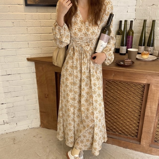 レディース ワンピース クラシカル レトロ ヴィンテージ 花柄 ボタニカル Aライン 長袖 ミドル丈 ミモレ丈 上品 シック エレガント 大人女子 大人可愛い 春 お出掛け デート Uki Uki