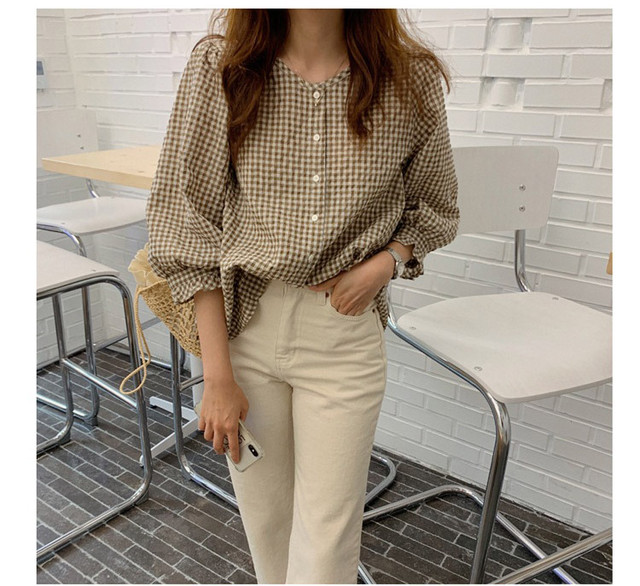 秋カラー ブラウン ギンガムチェック カフェブラウン チェック柄 パフスリーブ ブラウス ｖネック 七分袖 レディース ブラウス カジュアル ガーリー ナチュラル 韓国 オルチャン 韓国ファッション 新作 秋冬 秋 冬 Om 375 Musubi Me 韓国 オルチャン レディース