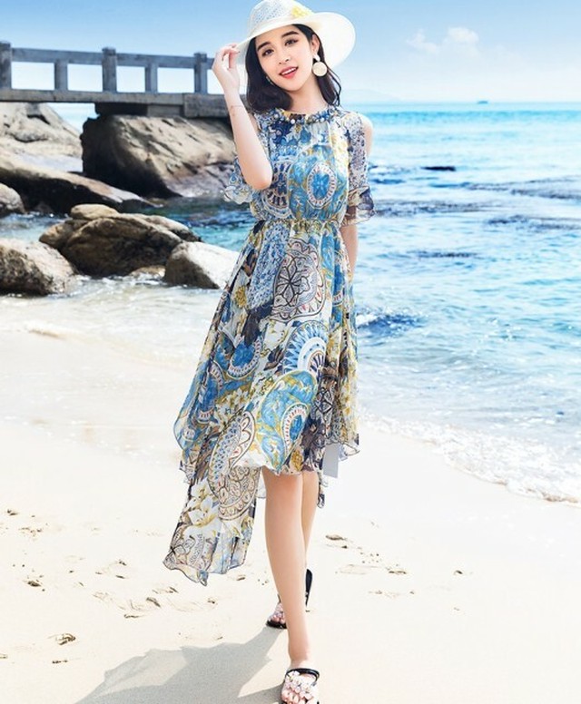 リゾート シフォン ロング丈 ラウンドネック 半袖 ベルスリーブ ボヘミアン 細見え アシメントリー 夏 涼しげ 黒 オレンジ 青 ワンピース Seaside Hanano