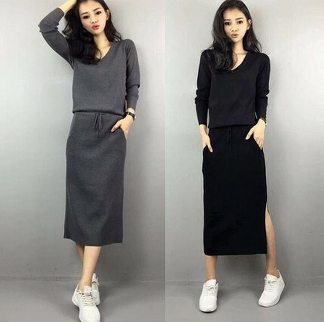 ニット ワンピース ロング ミモレ丈 長袖 ペンシルスカート 黒 ブラック グレー タイト ワンピ おしゃれ 無地 Vネック 秋ワンピ 韓国 韓国ファッション オルチャン オルチャンファッション K425 Korean Select 韓国ファッション オルチャンファッション