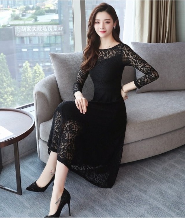 七分袖 レースワンピース シースルー ひざ下丈 ロングドレス 花柄レース フォーマルワンピース 結婚式 二次会 お呼ばれ Ptnym0542 Shop Suba