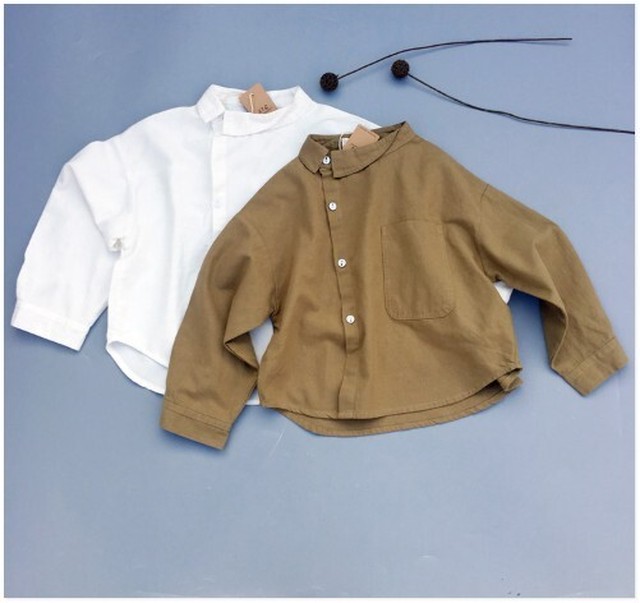 即納 韓国子供服 アースカラー バイアス襟 男女兼用 ボタン シャツ Carina Kids Baby 送料無料