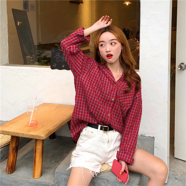 チェックシャツ シャツ チェック レッド グリーン カジュアル 学生 韓国 オルチャン 韓国レディースファッション通販 ポワン
