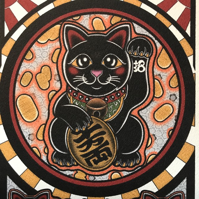 B5サイズ 開運 イラスト 縁起物 可愛い 招き猫 黒猫 商売繁盛 フレーム付き qcomic