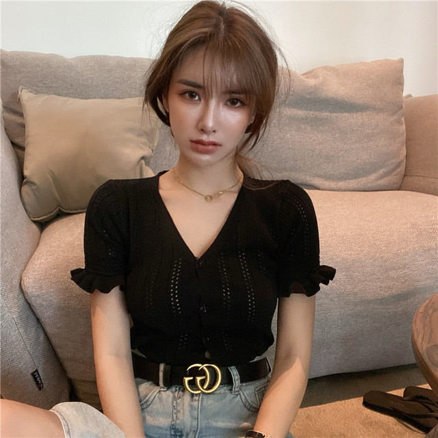 Vネック裾フリルtシャツカーディガン サマーニット 大人カジュアル 可愛い シンプル お洒落 春夏 S S レディース 2色 Macaron