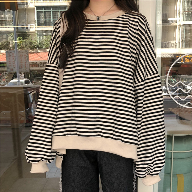 トレーナー レディース パーカー プルオーバー トップス ラウンドネック ボーダー 長袖 バックプリント ボリューム袖 カジュアル オーバーサイズ ゆったり カジュアル こなれ感 通勤 お出かけ オフィス Officewalaa オフィスワラア レディースファッション スタイル