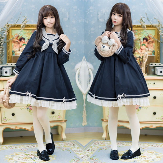 ゴスロリ系 ロリィタ ワンピ セーラー服 ハイウエスト フリル リボン ふんわり かわいい コスプレ 甘め オルチャン 原宿系 10代 代 Dressyなファッション モード ゴスロリのお店 Ladies Fashion Seasonz