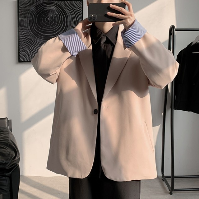 予約販売 テーラードジャケット 無地 アウター メンズ シンプル ベーシック 袖折り返し ブラック ブルー オフホワイト カジュアル こなれ感 お洒落 韓国トレンド 春 秋 大きいサイズ M L Xl 2xl Favoriteselect