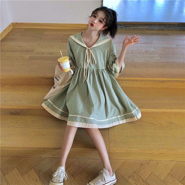 全2色 セーラーワンピース ミニ丈 カジュアル ガーリー マリン 春夏 お出かけ デート 女子会 五分袖 ハイウエスト フレアスリーブ 無地 Arroser