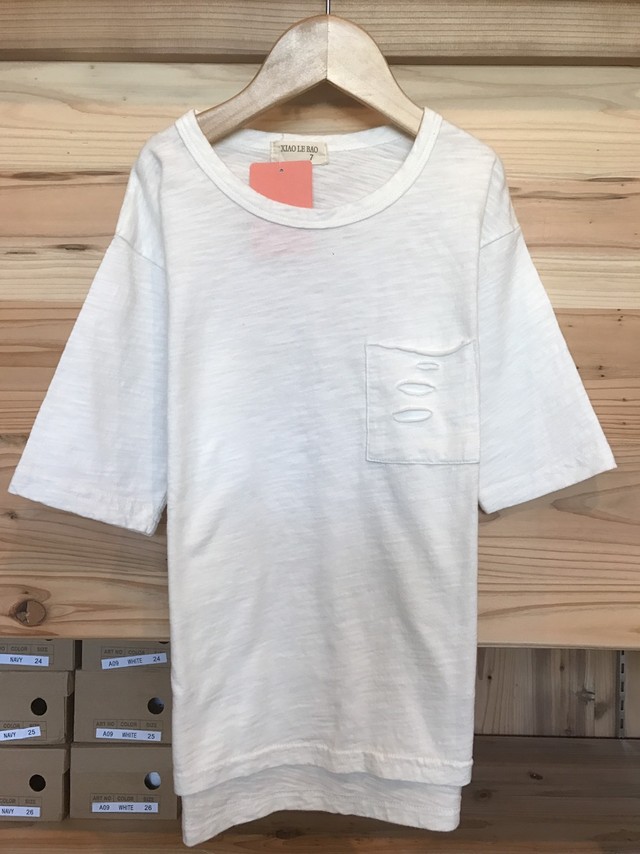 ポケット付き ダメージ加工 半袖tシャツ ホワイト Milimilikids