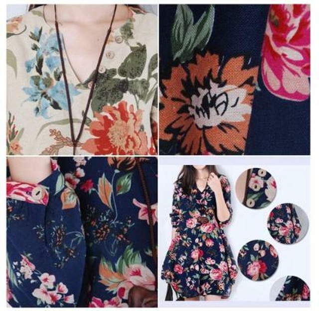 ワンピース M 花柄ワンピース コットン リネン ワンピ レトロ ネイビー 紺 フラワー Vネック 長袖 裾バルーン Aライン 春 夏 Speed Star Base