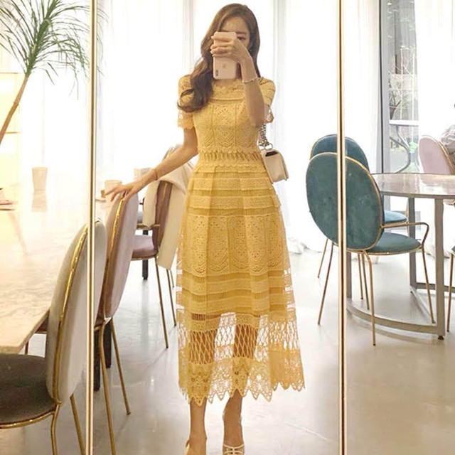 イエローレース半袖ロングワンピース マキシワンピース Liliana