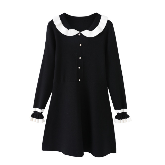 黒い子供の襟のワンピースの女性19新型の秋冬の女装の編み物のフランス風の小さい黒のスカート Foryou555