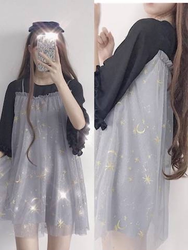 ワンピース レディース 星 スター ガーリー キュート お洒落 キャミソールワンピース 上品 ミニスカート 月 フリル グレー 半袖 Happy Toon