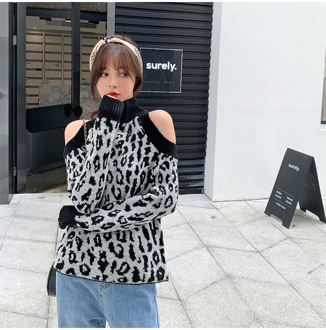 レディース秋冬 大人カジュアル 肩だし ボトルネック レオパード ヒョウ柄 長袖 ニット ゆったりスリム かっこいい メンズライク 派手かわ 楽ちん 楽 ラフ ブラウン ブラック フリーサイズ 大人かわいい韓国オルチャンファッション通販oldhollywood