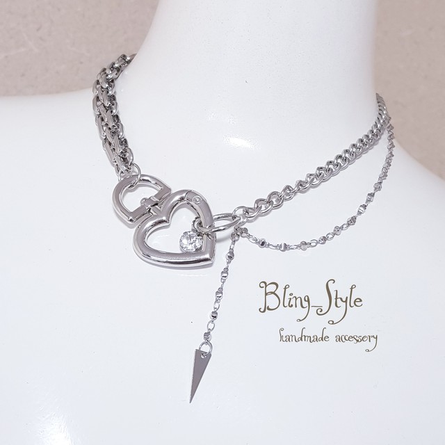 原宿 病みかわいい ハート ビジュー 多重チェーン 太め ネックレス チョーカー Blingstyle Bijou Accessory 韓国ファッション ピアス イヤリング ハンドメイドアクセサリー
