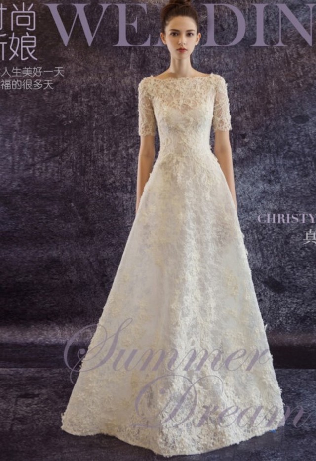 繊細レース Aライン 細見えシルエットクラシカル 半袖 ウエディングドレス Ynswedding23
