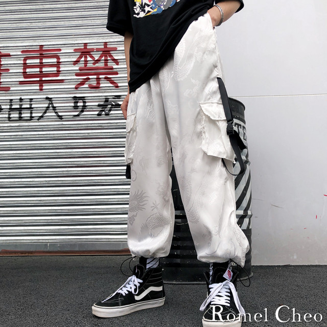 Romelcheo 龍柄 イージー カーゴ パンツ ジョガー サルエル ハイウエスト メンズ レディース ユニセックス 和柄 チャイナ風 韓国 ストリート系 原宿系 B系 ワイドパンツ ヒップホップ モード系 V系 モダン アジアン エスニック ロメルチェオ Romelcheo
