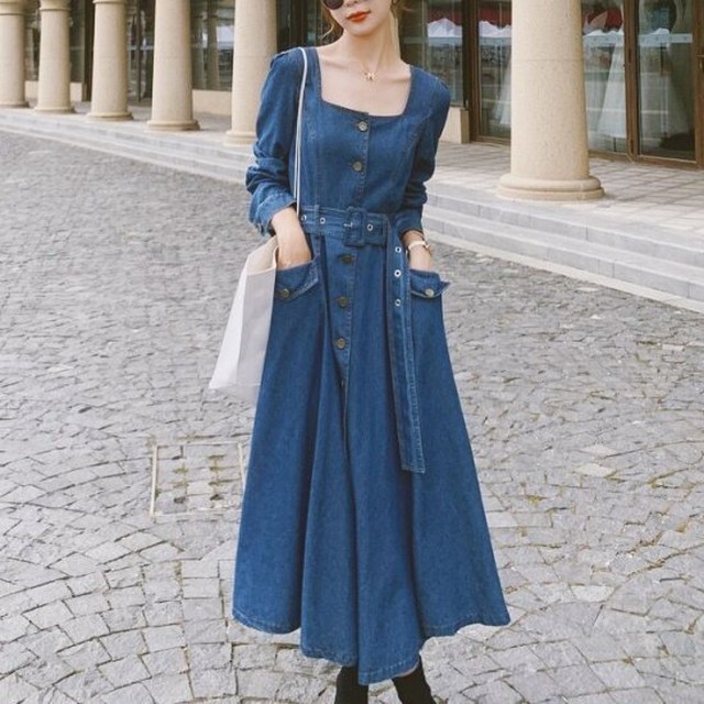 デニムワンピース ロング マキシ 長袖 春 スクエアネック 春ワンピース ガウンワンピース パフスリーブ Aライン ウエストベルト デート 買い物 デイリー ガーリー カジュアル 着痩せ Rx1000 Raxia ラクシア