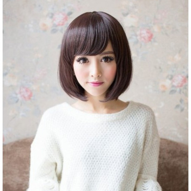 即納 斜め 前髪 さらさら ショート ボブ 耐熱 フル ウィッグ ダークブラウン 2週間以内に発送 Mistral
