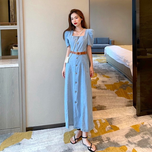 デニムワンピース デニムワンピ マキシ丈ワンピース マキシワンピ マキシ ロングワンピース ロングワンピ ワンピース デニム ロング丈 スクエアネック ウエストマーク 前開き 袖あり 半袖 五分袖 ブルー 青 女子会 代 30代 40代 春夏 オシャレ 大人可愛い ガーリー