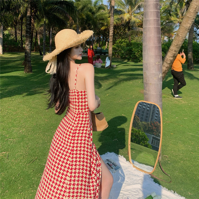 ワンピース レディース ロング丈 千鳥格子 キャミソールワンピース スリット入り 夏 セクシー 大人っぽい デート お出かけ Mh3057 Valentina210