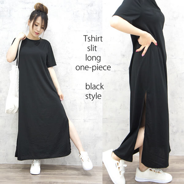 Rondel Black ロングワンピース Tシャツ スリット ロング丈 ワンピース 半袖 Chronoemblem