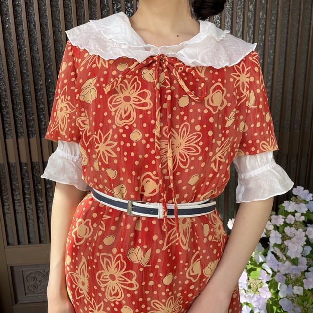 レトワンピース 花柄 古着 昭和レトロ ロング レッド Gm14 古着屋granme