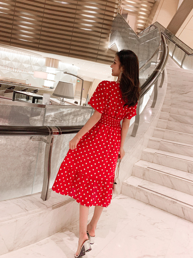 送料無料 水玉ワンピース ミドル丈ドットドレス 赤 オフホワイト 黒 Ramusbom