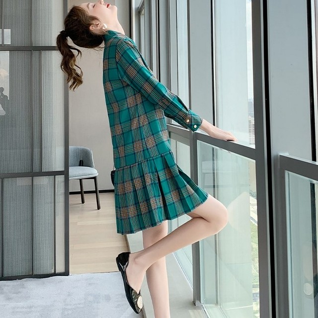 ワンピース グリーンチェック柄 プリーツ ショート丈 可愛い ガーリー California Express