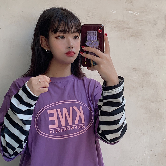 パープルコーデに ドッキング バイカラー プリントtシャツ ボーダー レディース 長袖 カジュアル フェミニン 古着 レトロ 春秋 Ptnym2138 Shop Suba