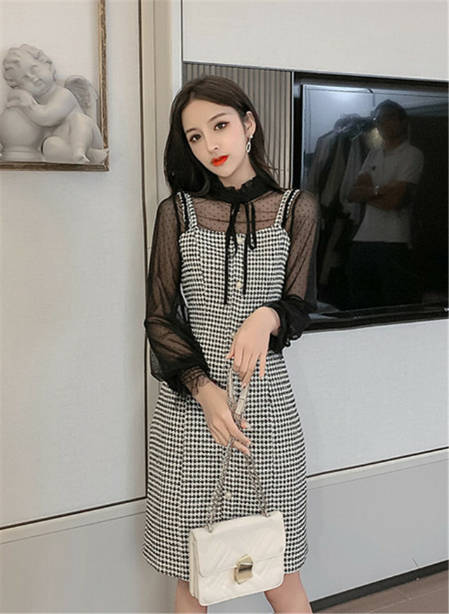 送料無料 シースルーワンピース ハイネックワンピース レトロ風ワンピース 長袖ワンピース 韓国ファッション Felixwoman