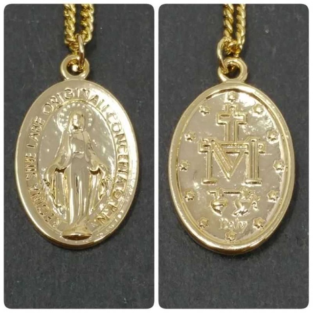 聖母マリア ネックレス ペンダント マリア マリア像 コインネックレス ゴールド ゴールドコイン コイン メダル チェーンネックレス 不思議のメダイ メダイ チェーン あずきチェーン メンズ レディース アジャスター付き 50cm 楕円形 Puente