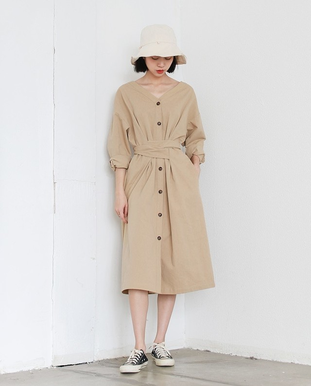 ひざ下丈トレンチ風vネックワンピース 個性的 ノーカラーコート シングルブレスト 普段使い オフィス H802 Updress