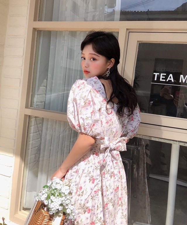 Onepiece19 小花柄 パフスリーブ スクエアネック レトロ ロングワンピース 韓国 原宿 取寄商品 Milky Honey ミルキーハニー