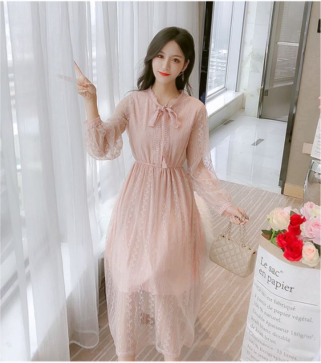 レディース シフォン ワンピース ミモレ丈 長袖 シースルー 486 Petit Link