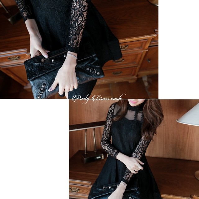 即日配送 送料無料 Aラインワンピース ミニドレス パーティードレス ドレス ワンピース ミニ レース シースルー 袖有り 結婚式 二次会 披露宴 謝恩会 パーティー レディース 大きいサイズ お呼ばれ ドレス S M L Xl Emd0002 パーティードレス通販emile