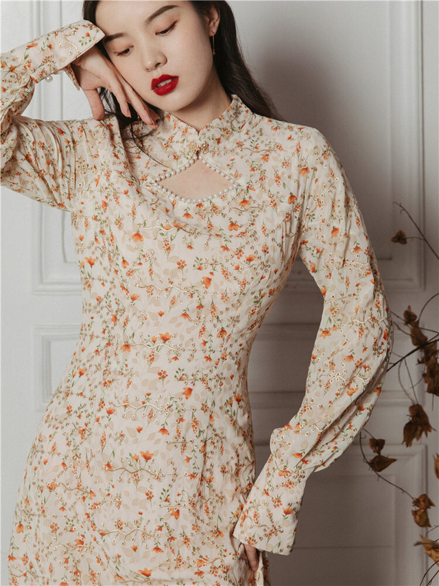 フローラルワンピース ミディ丈 長袖 Glamoclassy