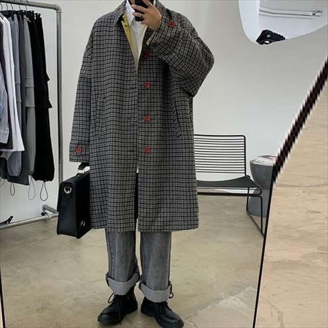 全2色メンズ格子柄ロングコートチェック柄お洒落 あぱれる泥棒